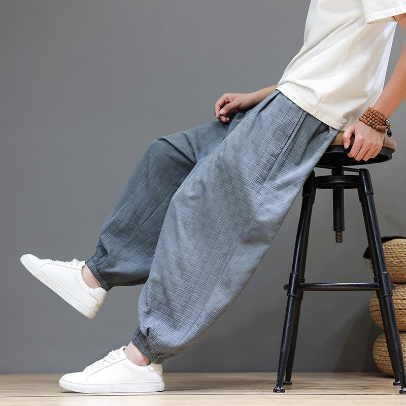 Buddha Stones Pantaloni estivi casual con coulisse, tinta unita, con trama effetto rattan intrecciato, modello harem da uomo con tasca. - Grigio ardesia chiaro - US/UK/AU46, EU56 (5XL) - image 0