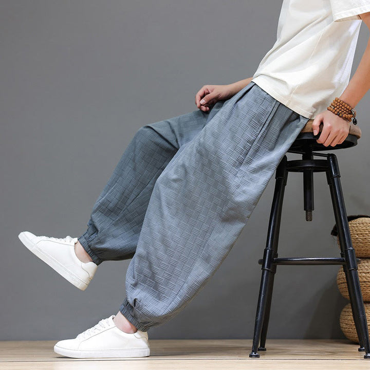 Buddha Stones Pantaloni estivi casual con coulisse, tinta unita, con trama effetto rattan intrecciato, modello harem da uomo con tasca. - Grigio ardesia chiaro - US/UK/AU46, EU56 (5XL) - image 0