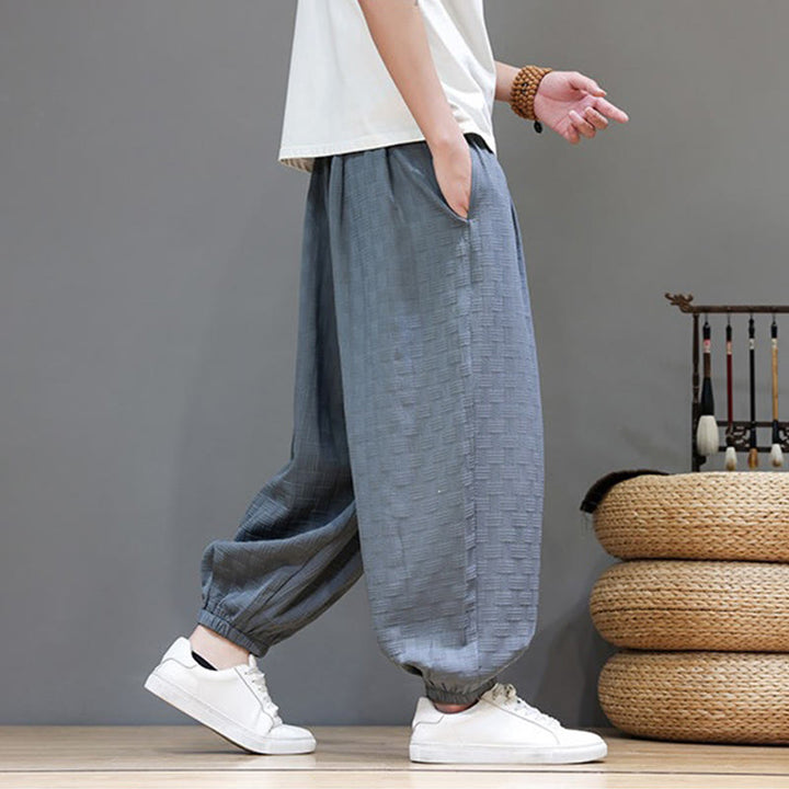 Buddha Stones Pantaloni estivi casual con coulisse, tinta unita, con trama effetto rattan intrecciato, modello harem da uomo con tasca. - image 6