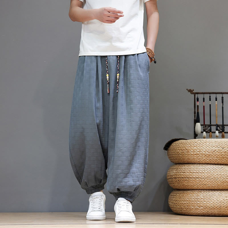 Buddha Stones Pantaloni estivi casual con coulisse, tinta unita, con trama effetto rattan intrecciato, modello harem da uomo con tasca. - image 5