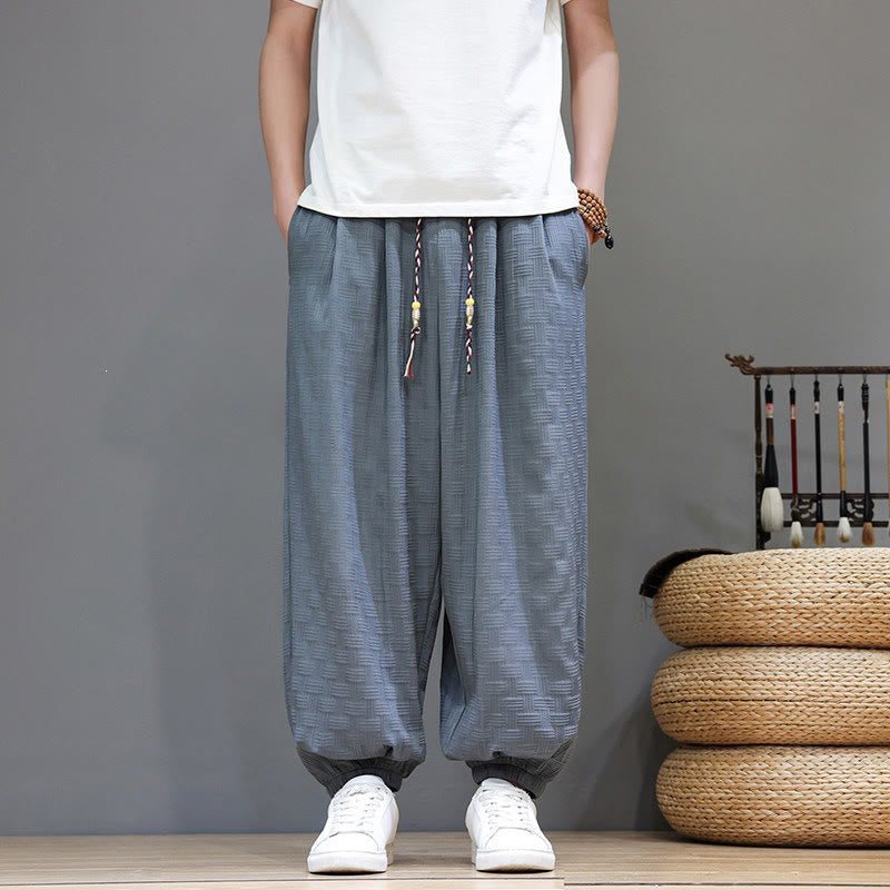 Buddha Stones Pantaloni estivi casual con coulisse, tinta unita, con trama effetto rattan intrecciato, modello harem da uomo con tasca. - image 7