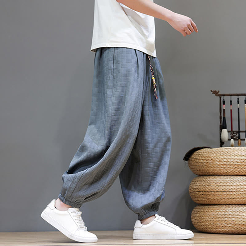 Buddha Stones Pantaloni estivi casual con coulisse, tinta unita, con trama effetto rattan intrecciato, modello harem da uomo con tasca. - image 3