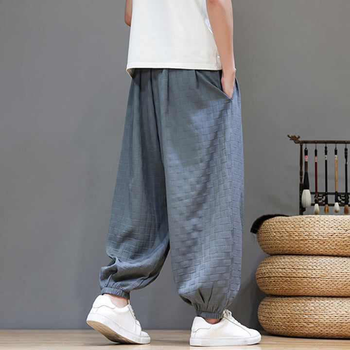 Buddha Stones Pantaloni estivi casual con coulisse, tinta unita, con trama effetto rattan intrecciato, modello harem da uomo con tasca. - image 4