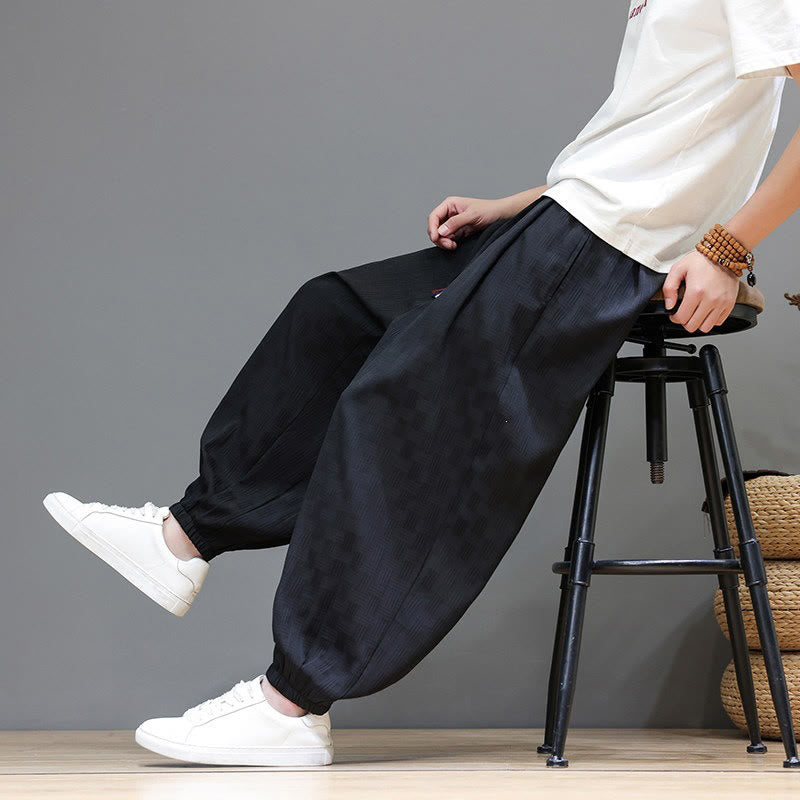 Buddha Stones Pantaloni estivi casual con coulisse, tinta unita, con trama effetto rattan intrecciato, modello harem da uomo con tasca. - image 16