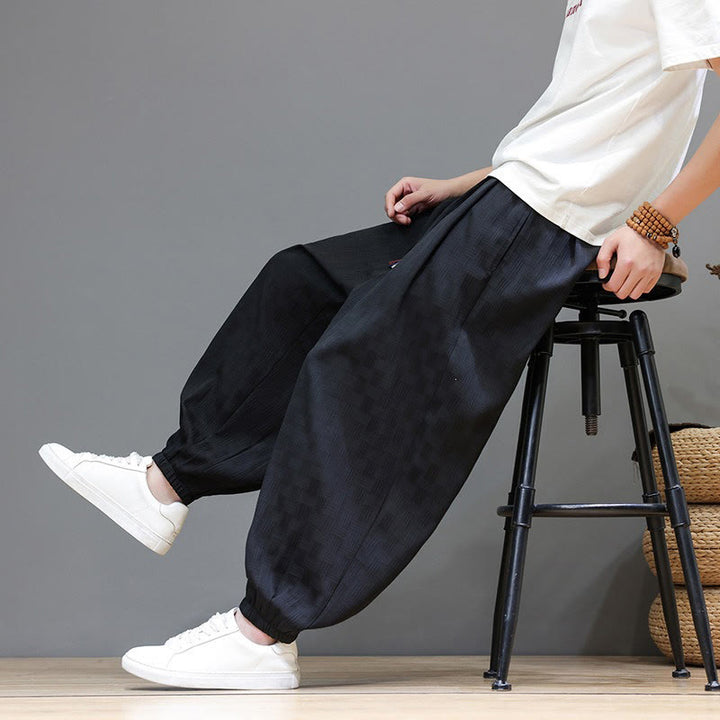 Buddha Stones Pantaloni estivi casual con coulisse, tinta unita, con trama effetto rattan intrecciato, modello harem da uomo con tasca. - image 16