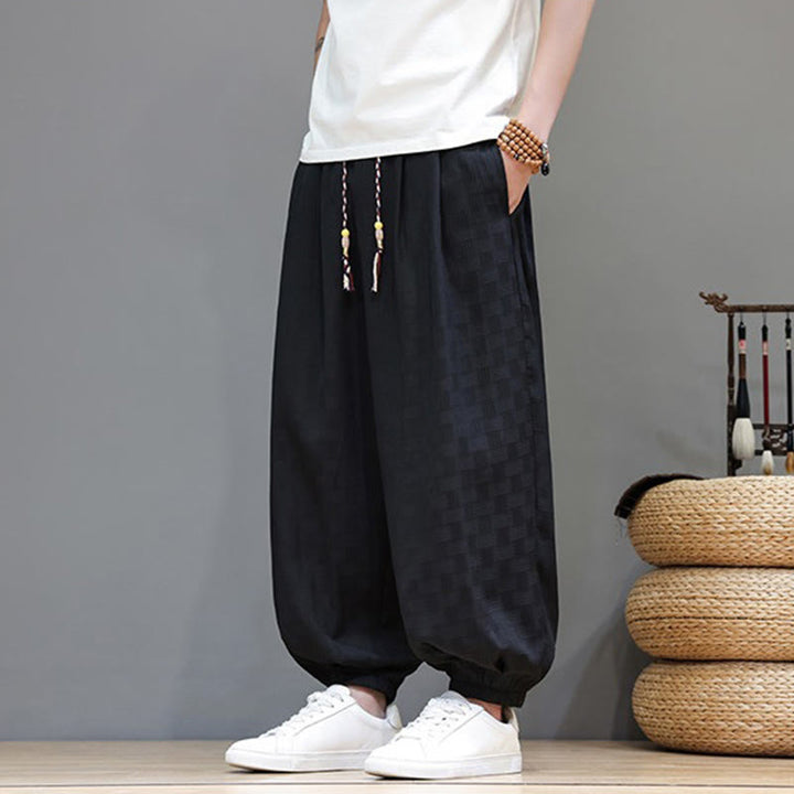 Buddha Stones Pantaloni estivi casual con coulisse, tinta unita, con trama effetto rattan intrecciato, modello harem da uomo con tasca. - image 11