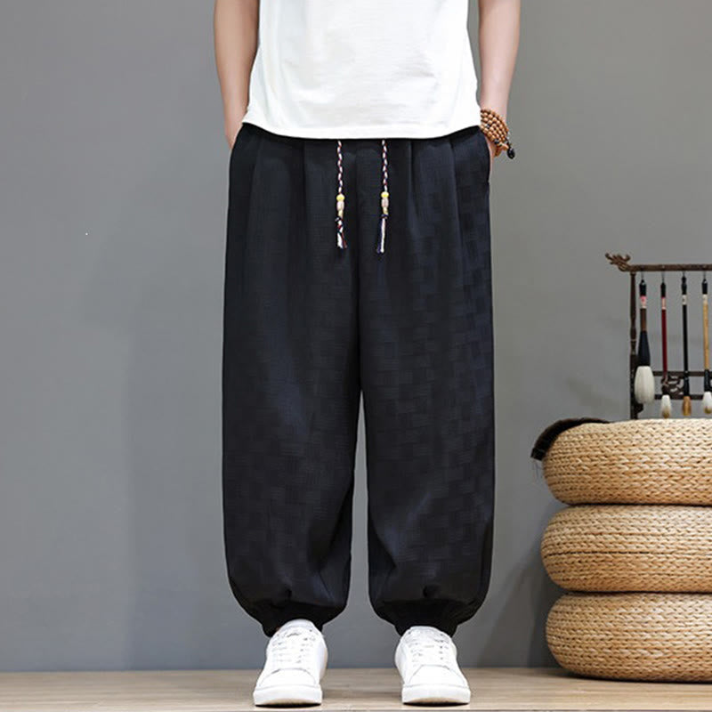 Buddha Stones Pantaloni estivi casual con coulisse, tinta unita, con trama effetto rattan intrecciato, modello harem da uomo con tasca. - Nero - US/UK/AU46, EU56 (5XL) - image 9