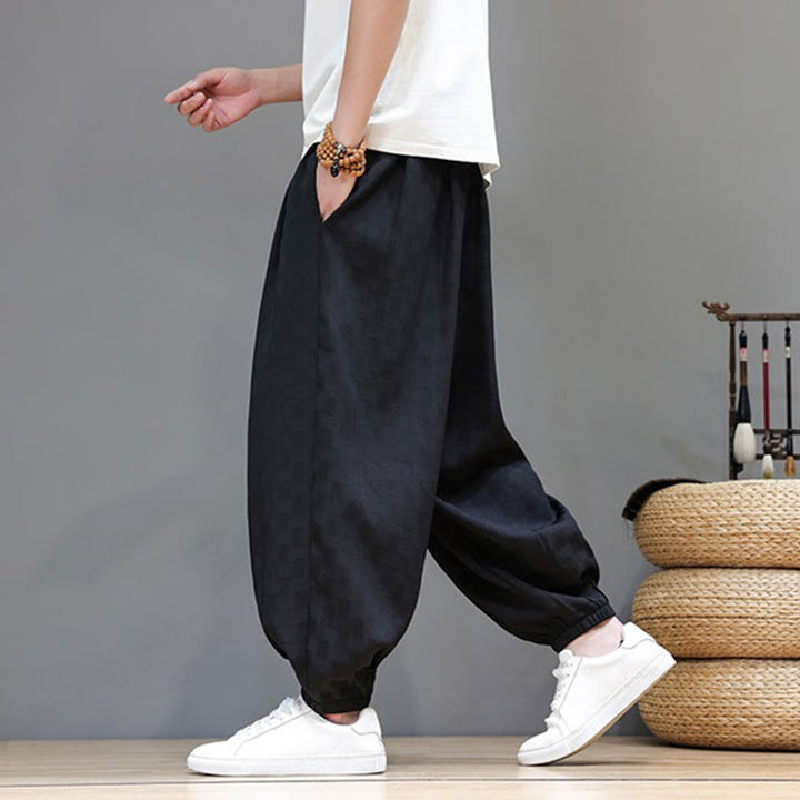 Buddha Stones Pantaloni estivi casual con coulisse, tinta unita, con trama effetto rattan intrecciato, modello harem da uomo con tasca. - image 10