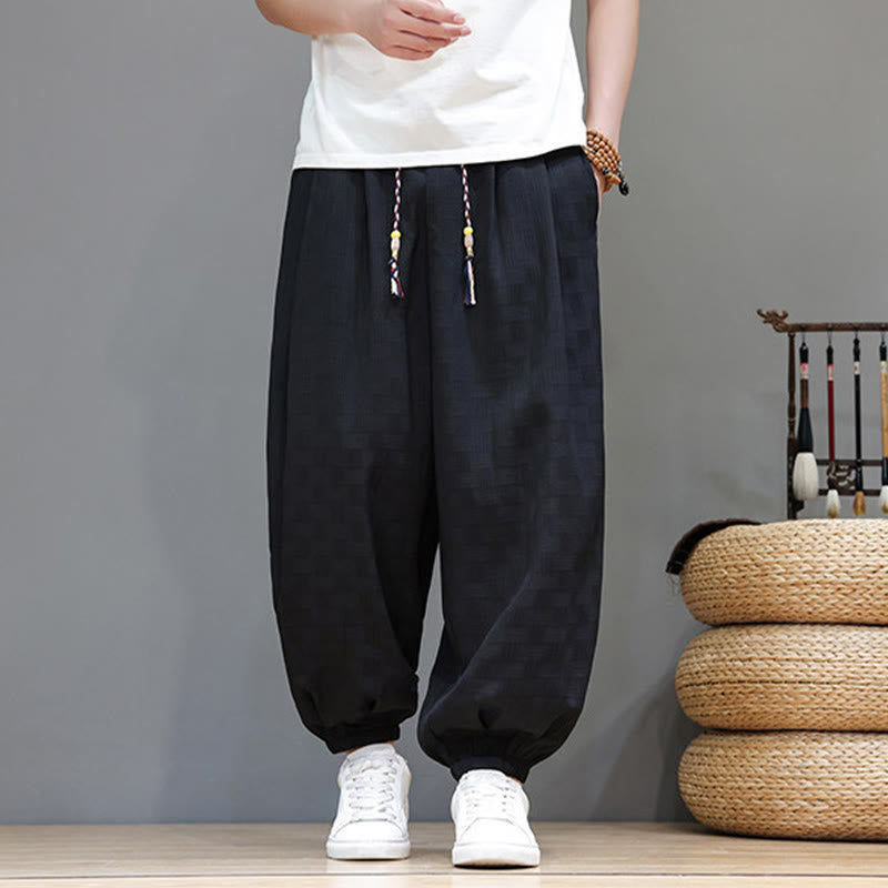 Buddha Stones Pantaloni estivi casual con coulisse, tinta unita, con trama effetto rattan intrecciato, modello harem da uomo con tasca. - image 12