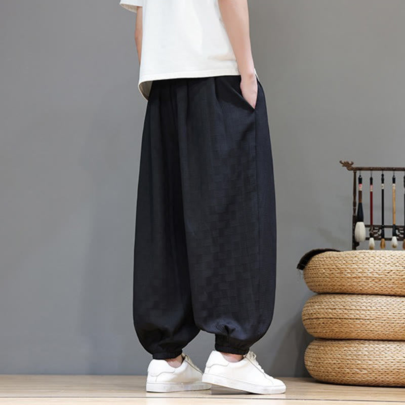 Buddha Stones Pantaloni estivi casual con coulisse, tinta unita, con trama effetto rattan intrecciato, modello harem da uomo con tasca. - image 13