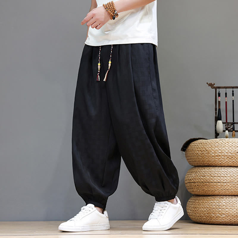 Buddha Stones Pantaloni estivi casual con coulisse, tinta unita, con trama effetto rattan intrecciato, modello harem da uomo con tasca. - image 15