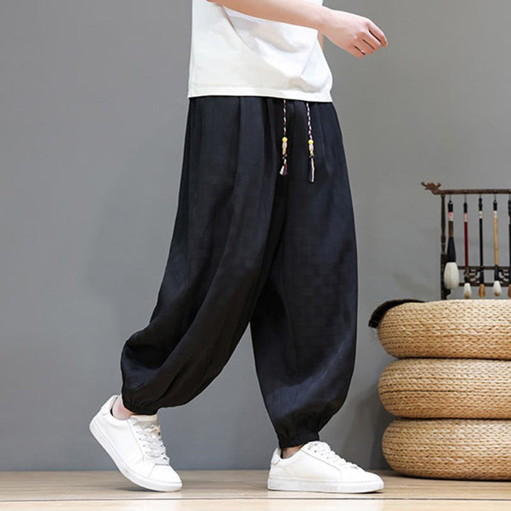 Buddha Stones Pantaloni estivi casual con coulisse, tinta unita, con trama effetto rattan intrecciato, modello harem da uomo con tasca. - image 14