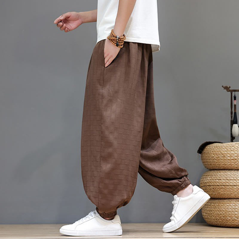 Buddha Stones Pantaloni estivi casual con coulisse, tinta unita, con trama effetto rattan intrecciato, modello harem da uomo con tasca. - image 20