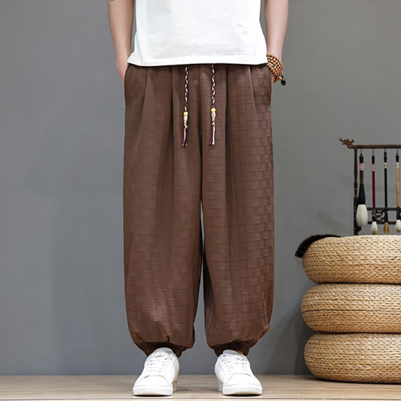 Buddha Stones Pantaloni estivi casual con coulisse, tinta unita, con trama effetto rattan intrecciato, modello harem da uomo con tasca. - Siena - US/UK/AU46, EU56 (5XL) - image 17