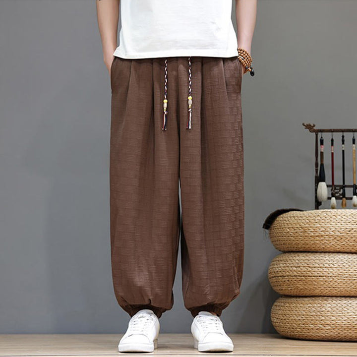 Buddha Stones Pantaloni estivi casual con coulisse, tinta unita, con trama effetto rattan intrecciato, modello harem da uomo con tasca. - Siena - US/UK/AU46, EU56 (5XL) - image 17
