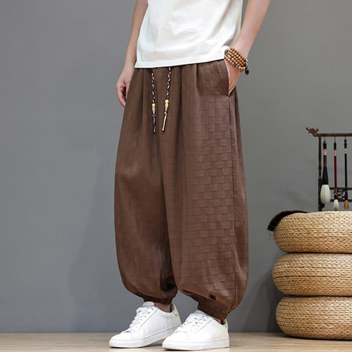 Buddha Stones Pantaloni estivi casual con coulisse, tinta unita, con trama effetto rattan intrecciato, modello harem da uomo con tasca. - image 18