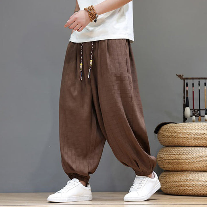 Buddha Stones Pantaloni estivi casual con coulisse, tinta unita, con trama effetto rattan intrecciato, modello harem da uomo con tasca. - image 22