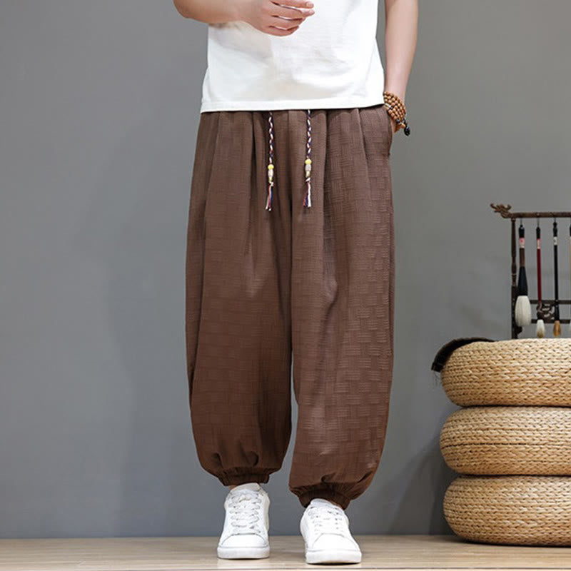 Buddha Stones Pantaloni estivi casual con coulisse, tinta unita, con trama effetto rattan intrecciato, modello harem da uomo con tasca. - image 23