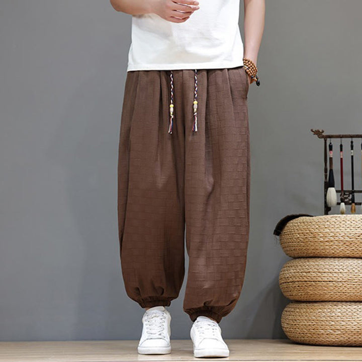 Buddha Stones Pantaloni estivi casual con coulisse, tinta unita, con trama effetto rattan intrecciato, modello harem da uomo con tasca. - image 23