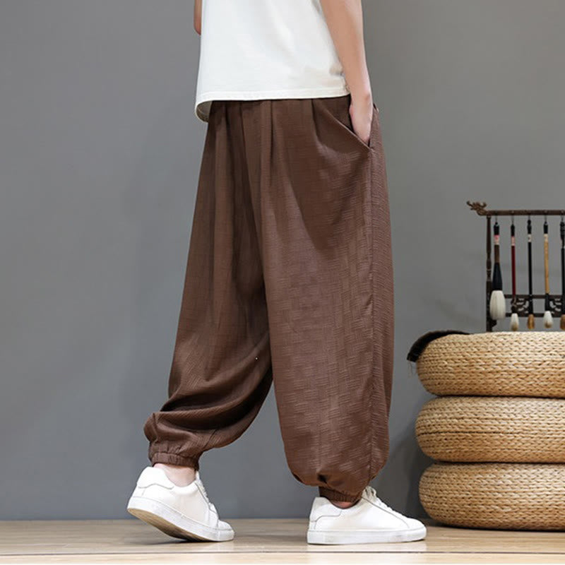 Buddha Stones Pantaloni estivi casual con coulisse, tinta unita, con trama effetto rattan intrecciato, modello harem da uomo con tasca. - image 19