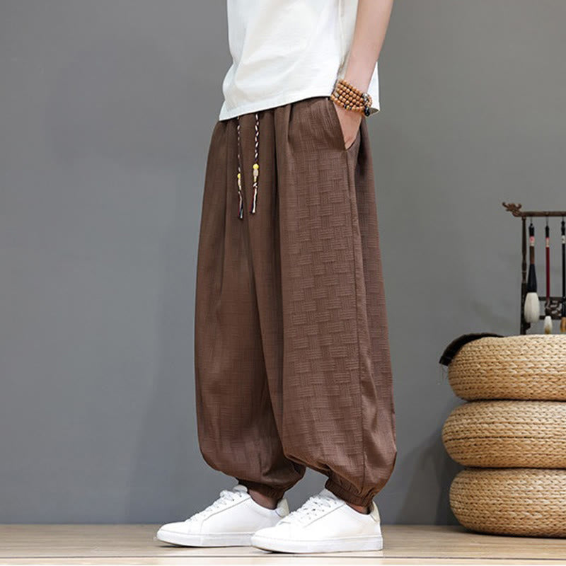 Buddha Stones Pantaloni estivi casual con coulisse, tinta unita, con trama effetto rattan intrecciato, modello harem da uomo con tasca. - image 21