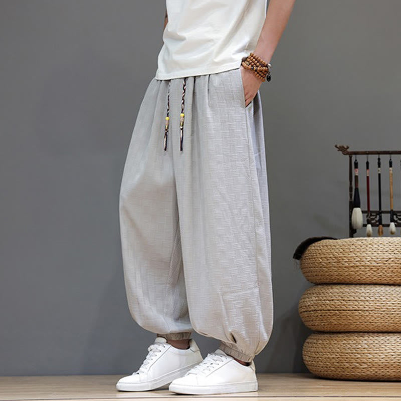 Buddha Stones Pantaloni estivi casual con coulisse, tinta unita, con trama effetto rattan intrecciato, modello harem da uomo con tasca. - image 29