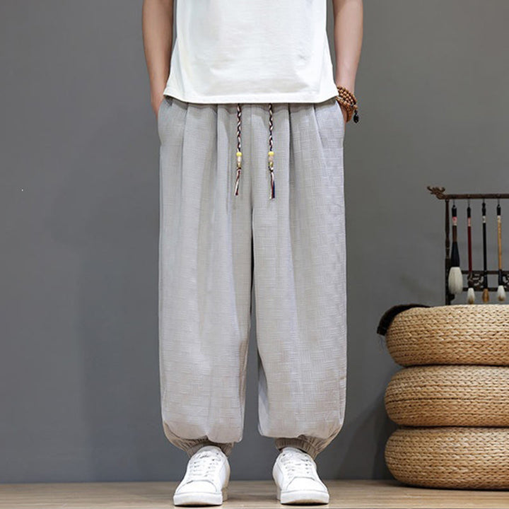 Buddha Stones Pantaloni estivi casual con coulisse, tinta unita, con trama effetto rattan intrecciato, modello harem da uomo con tasca. - Gainsboro - US/UK/AU46, EU56 (5XL) - image 25