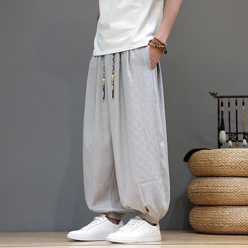 Buddha Stones Pantaloni estivi casual con coulisse, tinta unita, con trama effetto rattan intrecciato, modello harem da uomo con tasca. - image 26
