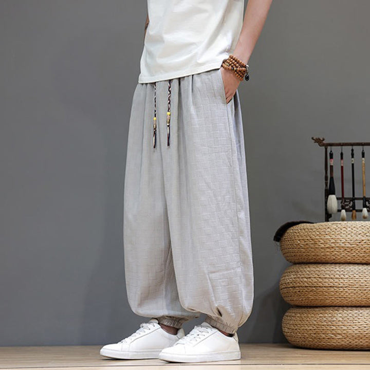 Buddha Stones Pantaloni estivi casual con coulisse, tinta unita, con trama effetto rattan intrecciato, modello harem da uomo con tasca. - image 26