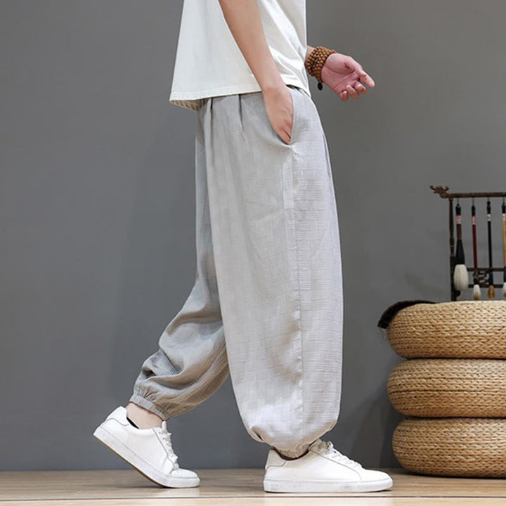 Buddha Stones Pantaloni estivi casual con coulisse, tinta unita, con trama effetto rattan intrecciato, modello harem da uomo con tasca. - image 30