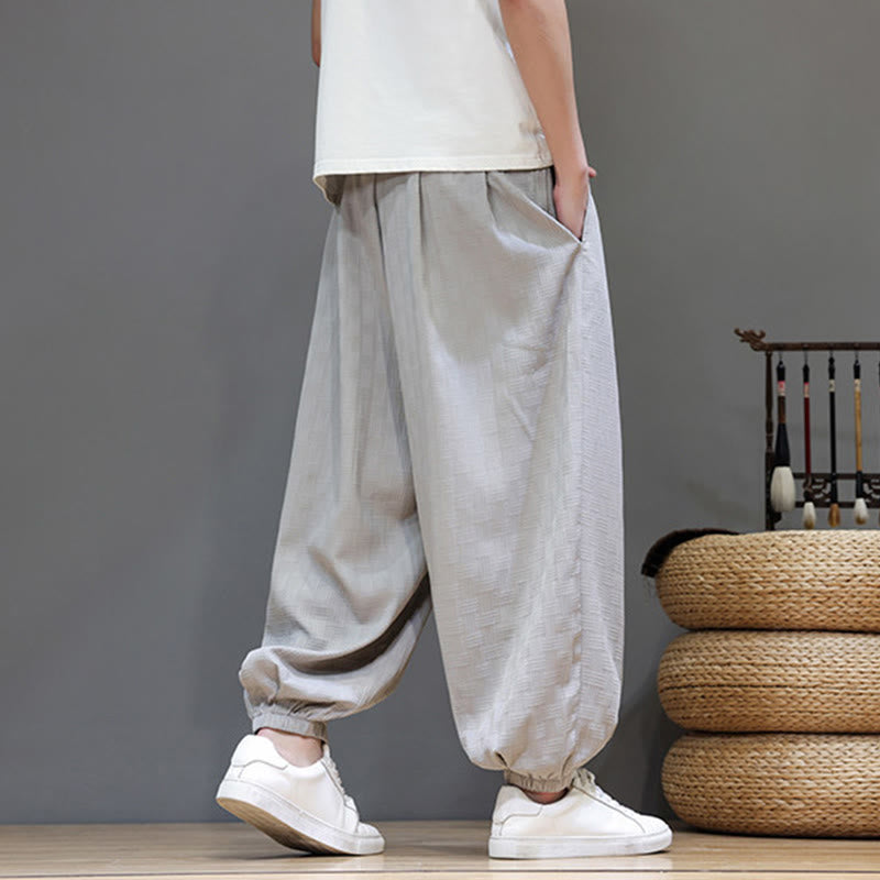 Buddha Stones Pantaloni estivi casual con coulisse, tinta unita, con trama effetto rattan intrecciato, modello harem da uomo con tasca. - image 28