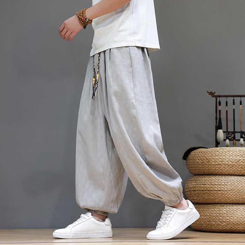 Buddha Stones Pantaloni estivi casual con coulisse, tinta unita, con trama effetto rattan intrecciato, modello harem da uomo con tasca. - image 32