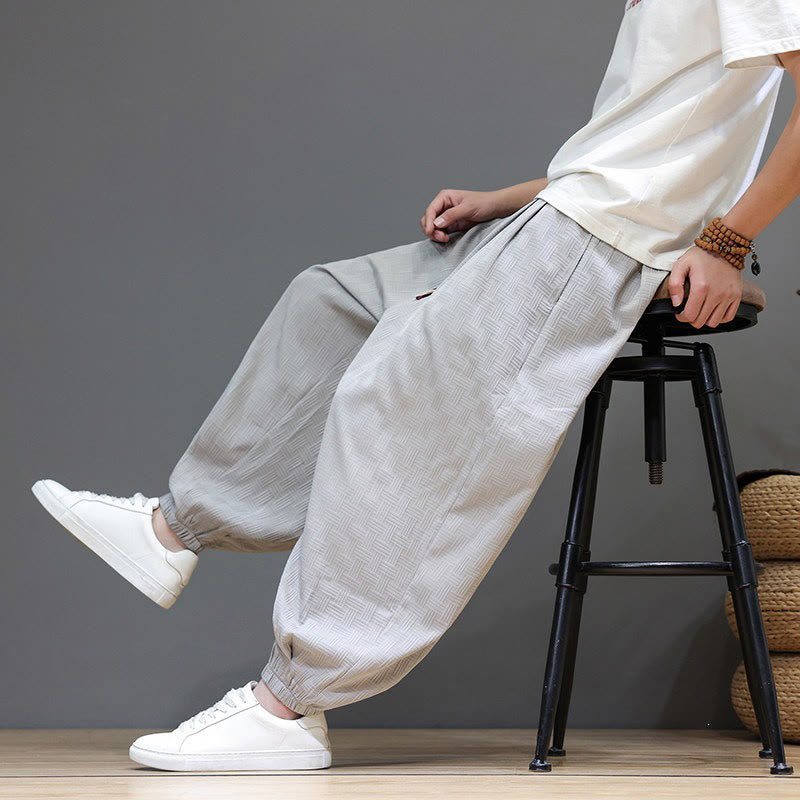 Buddha Stones Pantaloni estivi casual con coulisse, tinta unita, con trama effetto rattan intrecciato, modello harem da uomo con tasca. - image 31