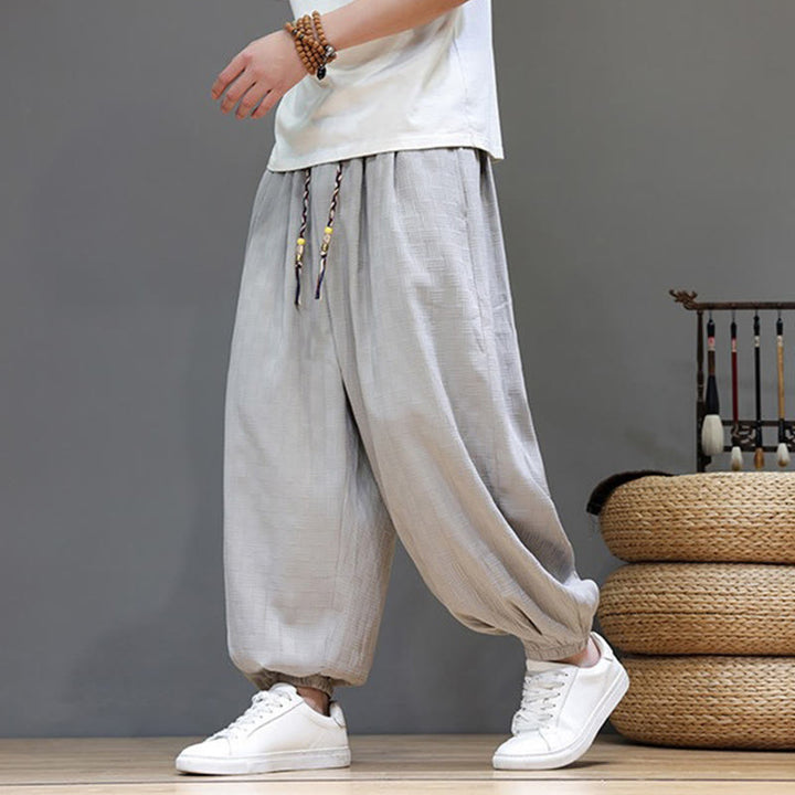 Buddha Stones Pantaloni estivi casual con coulisse, tinta unita, con trama effetto rattan intrecciato, modello harem da uomo con tasca. - image 27