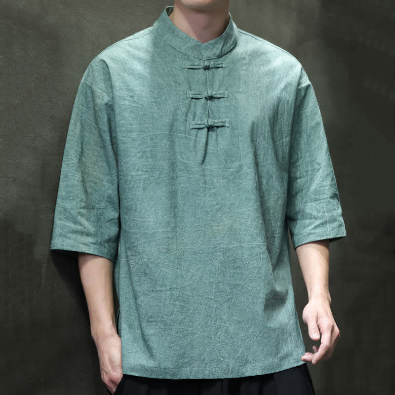 Buddha Stones Camicia da uomo a maniche corte tinta unita stile Summer Tang con tre bottoni a rana. - Cadetto Blu - US/UK/AU46, EU56 (5XL) - image 0