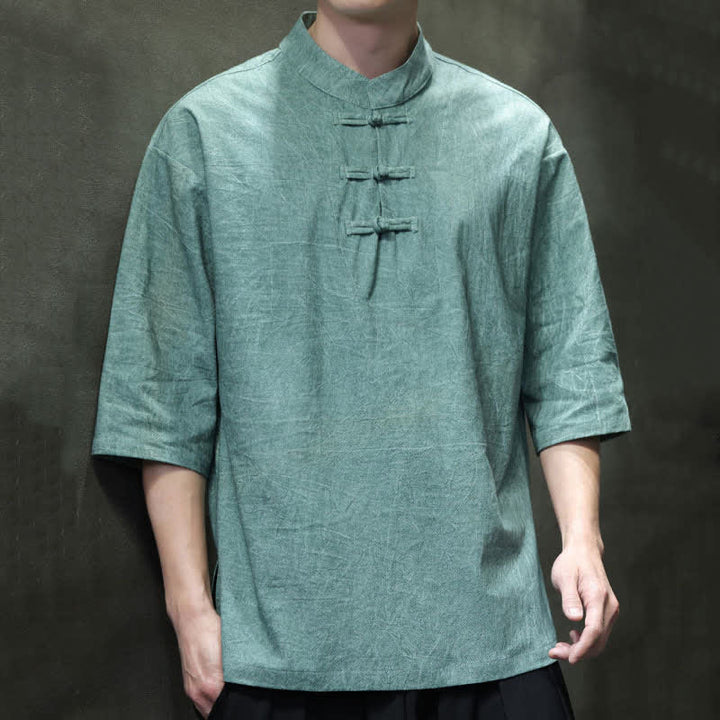 Buddha Stones Camicia da uomo a maniche corte tinta unita stile Summer Tang con tre bottoni a rana. - Cadetto Blu - US/UK/AU46, EU56 (5XL) - image 0