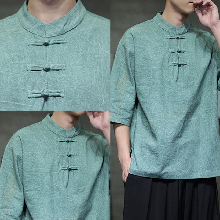 Buddha Stones Camicia da uomo a maniche corte tinta unita stile Summer Tang con tre bottoni a rana. - image 12