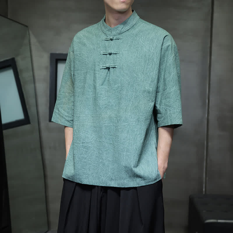 Buddha Stones Camicia da uomo a maniche corte tinta unita stile Summer Tang con tre bottoni a rana. - image 2