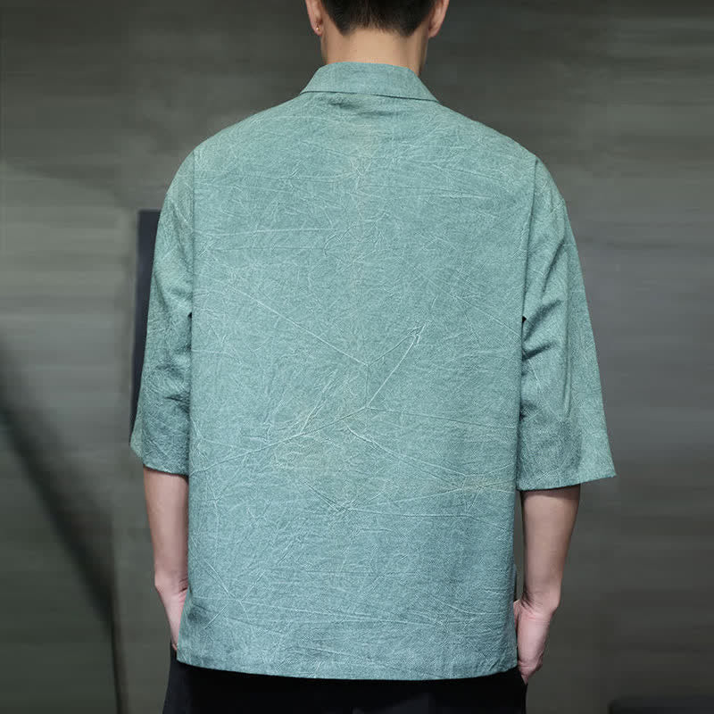 Buddha Stones Camicia da uomo a maniche corte tinta unita stile Summer Tang con tre bottoni a rana. - image 3