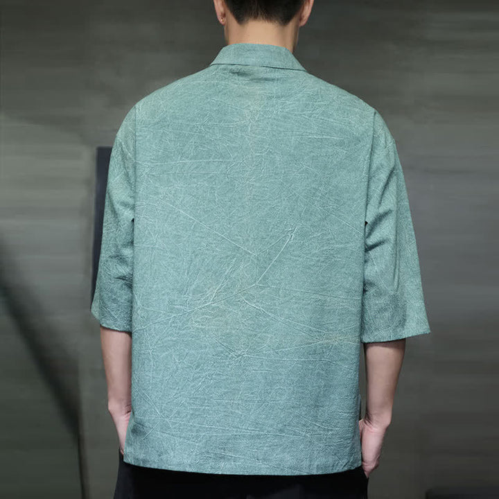 Buddha Stones Camicia da uomo a maniche corte tinta unita stile Summer Tang con tre bottoni a rana. - image 3