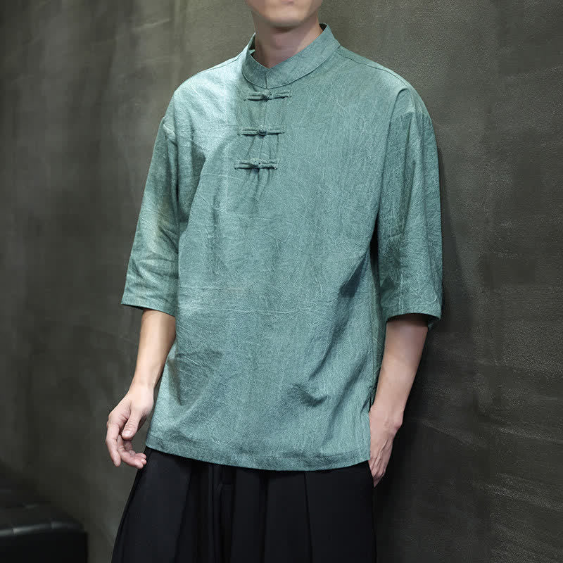 Buddha Stones Camicia da uomo a maniche corte tinta unita stile Summer Tang con tre bottoni a rana. - image 6