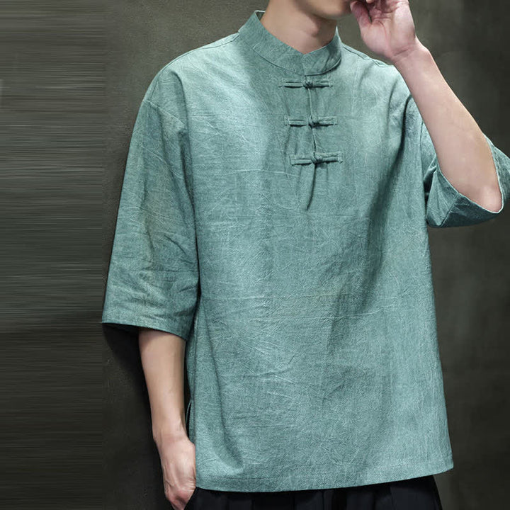 Buddha Stones Camicia da uomo a maniche corte tinta unita stile Summer Tang con tre bottoni a rana. - image 4