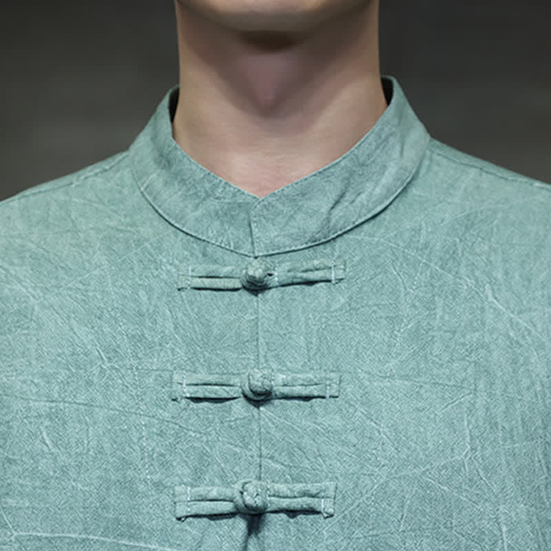 Buddha Stones Camicia da uomo a maniche corte tinta unita stile Summer Tang con tre bottoni a rana. - image 9