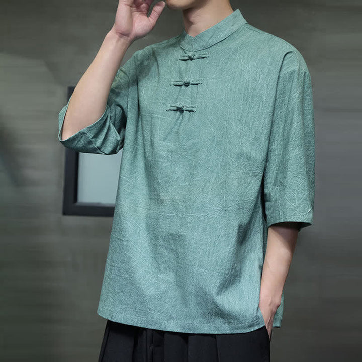 Buddha Stones Camicia da uomo a maniche corte tinta unita stile Summer Tang con tre bottoni a rana. - image 5