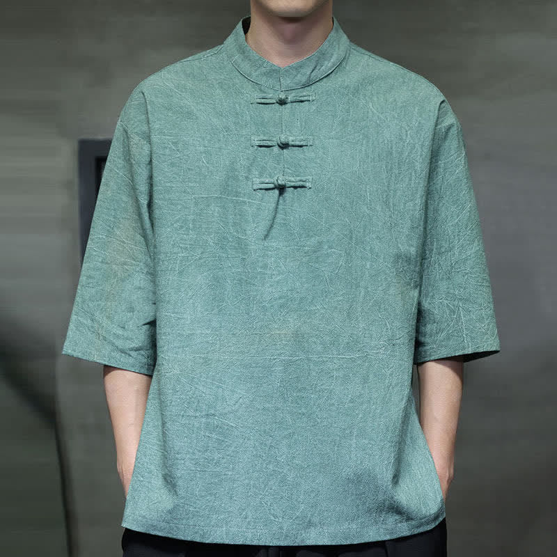 Buddha Stones Camicia da uomo a maniche corte tinta unita stile Summer Tang con tre bottoni a rana. - image 1