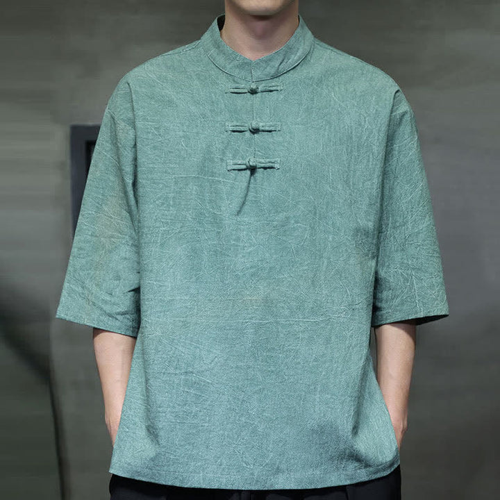 Buddha Stones Camicia da uomo a maniche corte tinta unita stile Summer Tang con tre bottoni a rana. - image 1