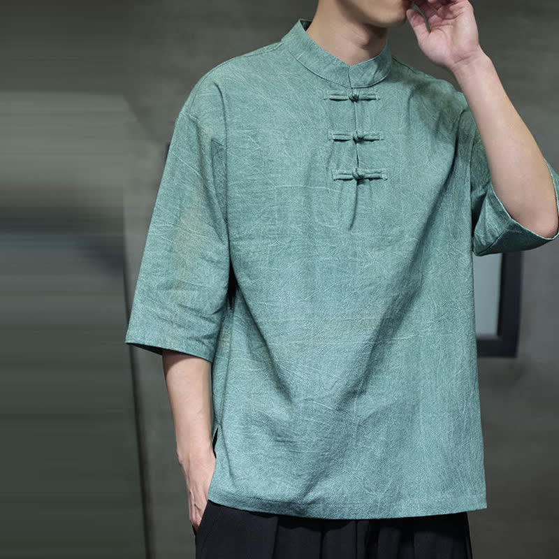 Buddha Stones Camicia da uomo a maniche corte tinta unita stile Summer Tang con tre bottoni a rana. - image 7