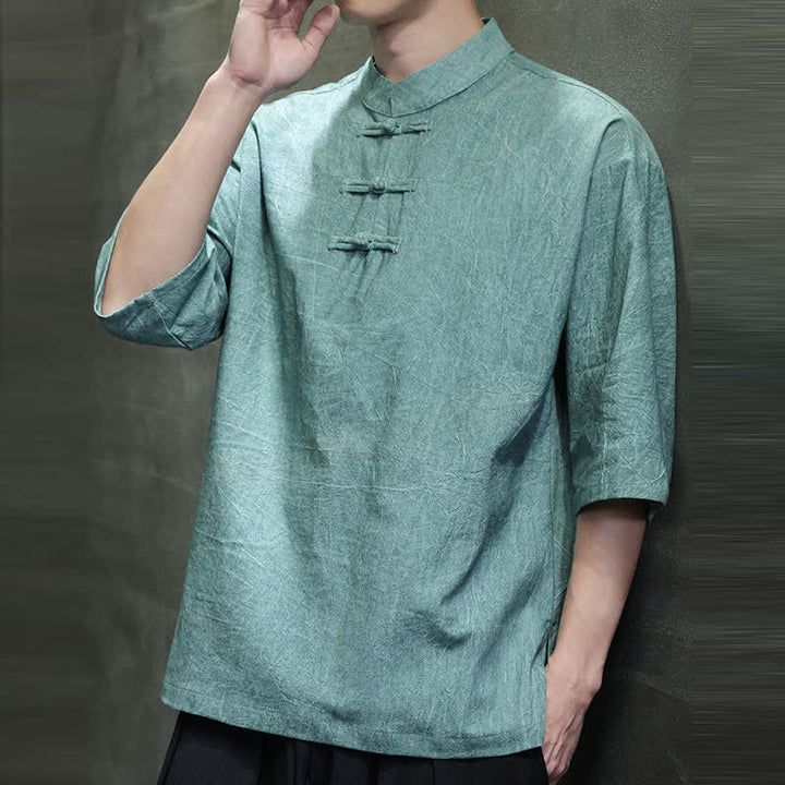 Buddha Stones Camicia da uomo a maniche corte tinta unita stile Summer Tang con tre bottoni a rana. - image 8