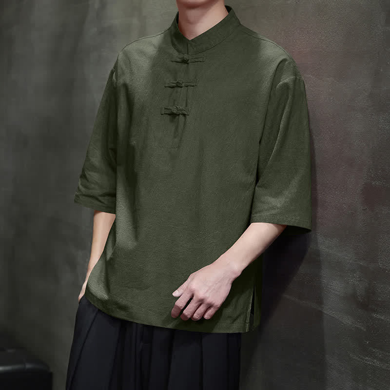 Buddha Stones Camicia da uomo a maniche corte tinta unita stile Summer Tang con tre bottoni a rana. - image 15