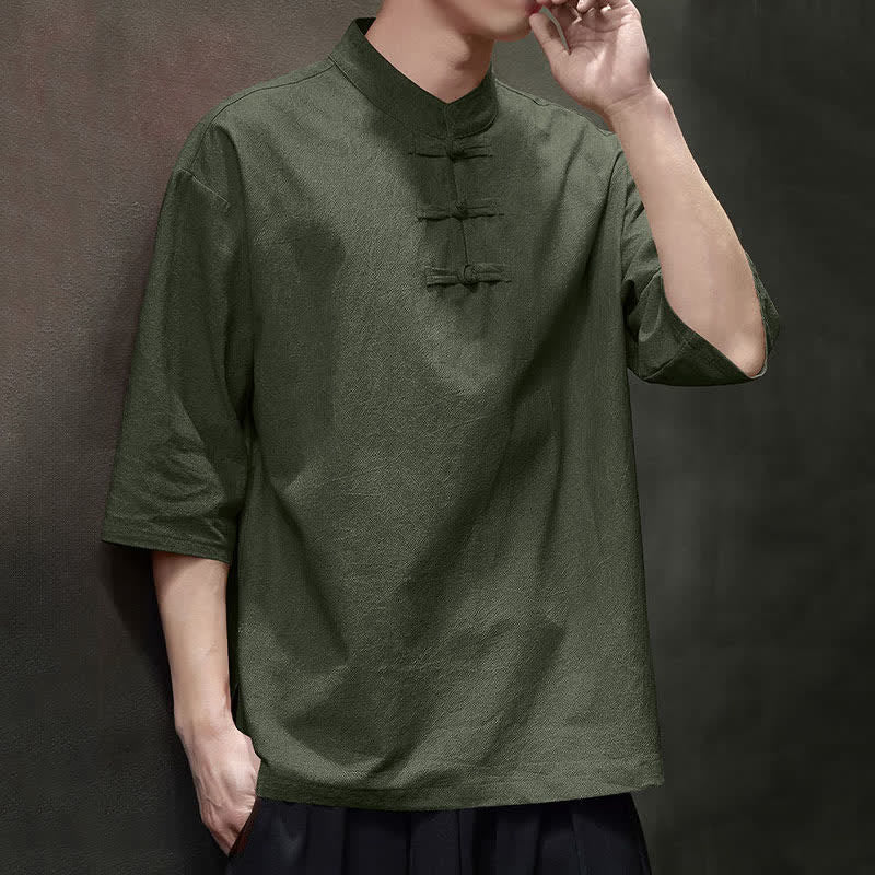Buddha Stones Camicia da uomo a maniche corte tinta unita stile Summer Tang con tre bottoni a rana. - image 14